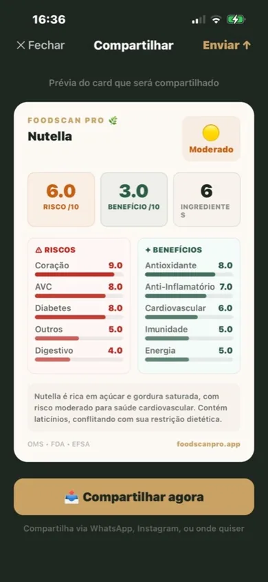 La app FoodScan Pro puntuando un alimento: score de riesgo, score de beneficio, número de ingredientes y listas de riesgos y beneficios.